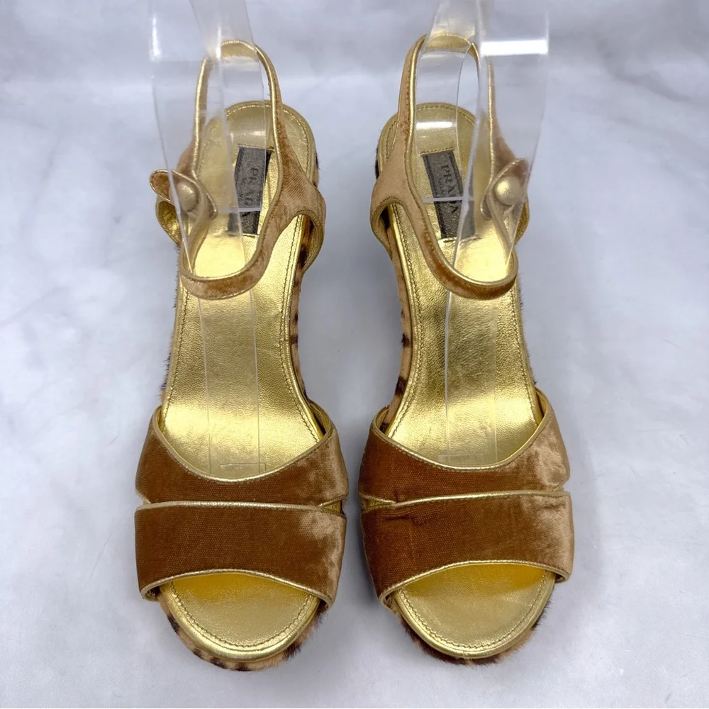 PRADA Vintage Y2K Velvet Leopard Calf Hair Leather Platform Wedge Sandal Heel 38